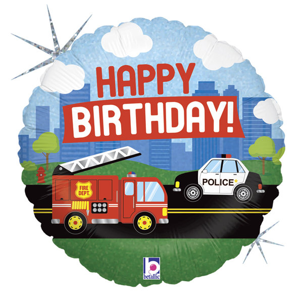 Folienballon Rund "Happy Birthday!" Feuerwehr & Polizei